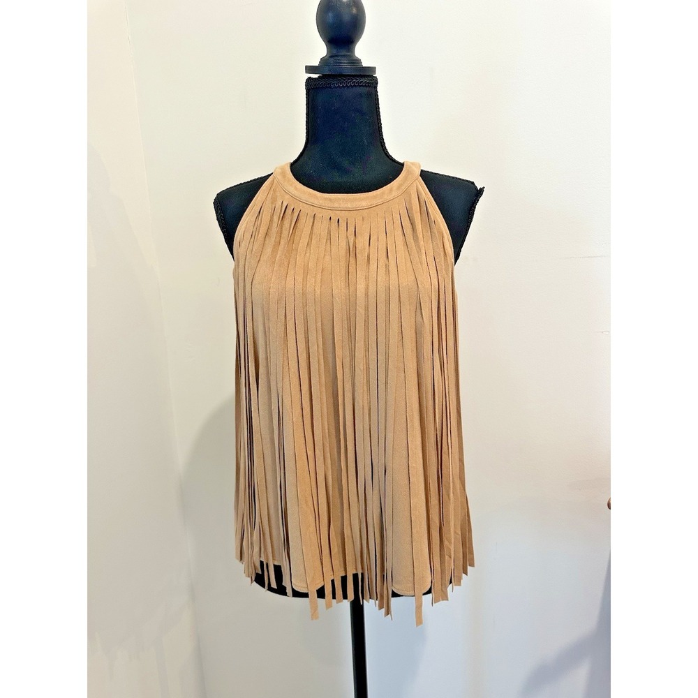 Pacific Womens Medium Tan Sleeveless Faux Suede Fringe Top Shirt